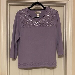 Alfred Dunner Lavender Floral  Sweater 3/4 sleeve Top PXL